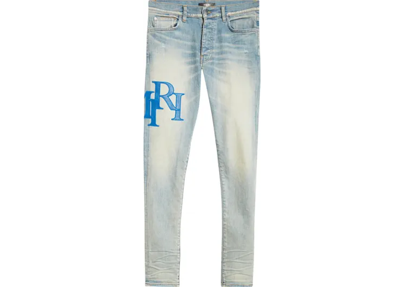 Amiri Blue Staggered Logo Light Wash Jeans