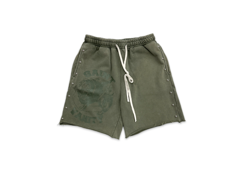 Saint Vanity Terry Studded Logo Shorts Olive