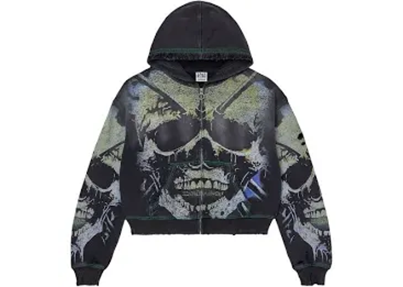 BLACK AND GREEN HOODIE IS THE VALE FOREVER GRAVEDIGGER ZIP UP