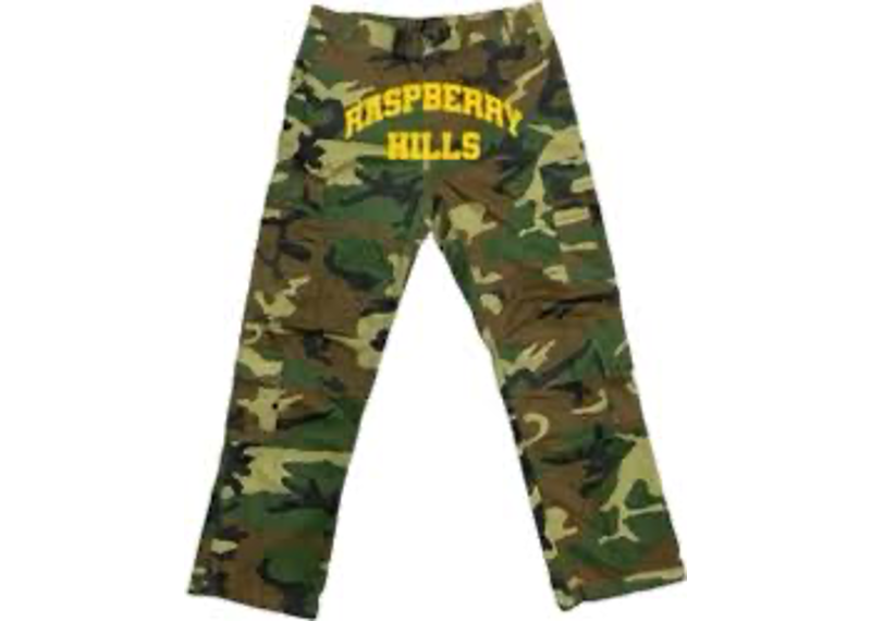 GV Gallery Raspberry Hills Camo Cargo Pants featuring a camouflage pattern and yellow embroidered lettering.