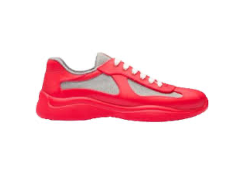 Prada Americas Cup sneakers in red, featuring a vibrant rubber upper paired with gray technical fabric