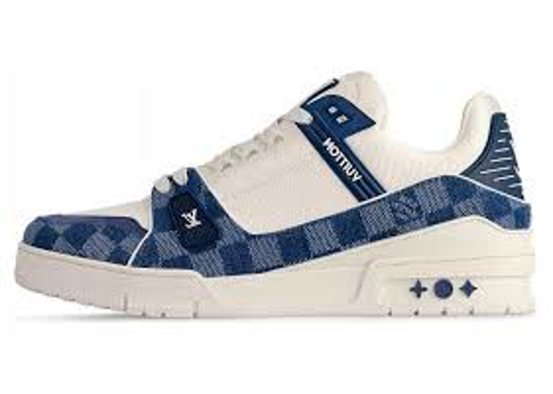 Louis Vuitton LV Trainer sneakers in blue monogram denim and white leather.
