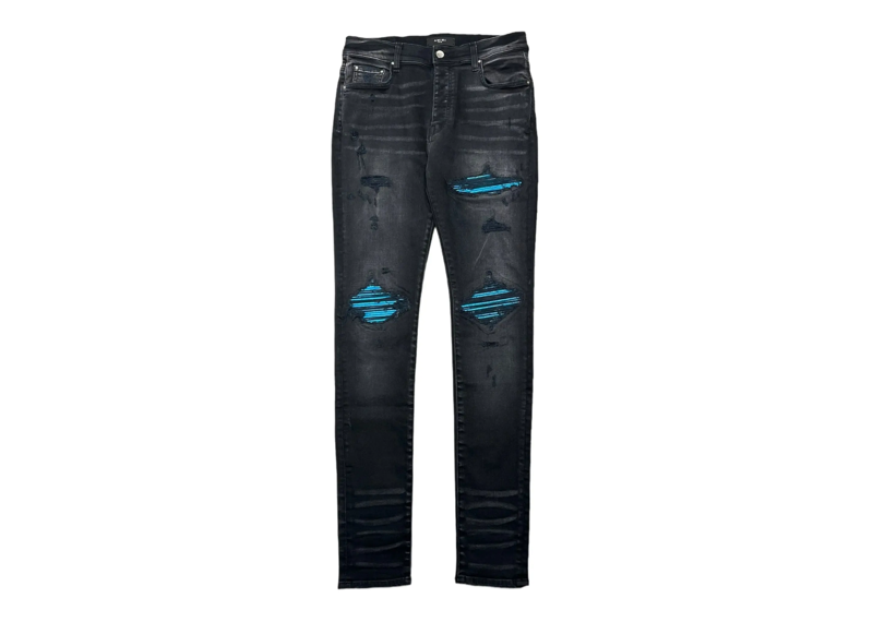 AMIRI MX1 Cracked Leather Patch Jeans Aged Black Blue