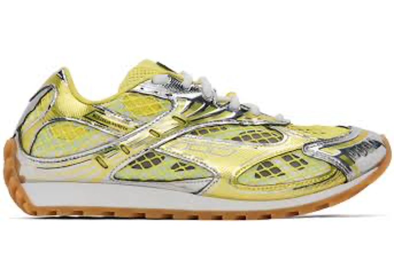 Bottega Veneta Orbit sneakers, featuring a vibrant yellow and metallic silver colorway with technical mesh panels.