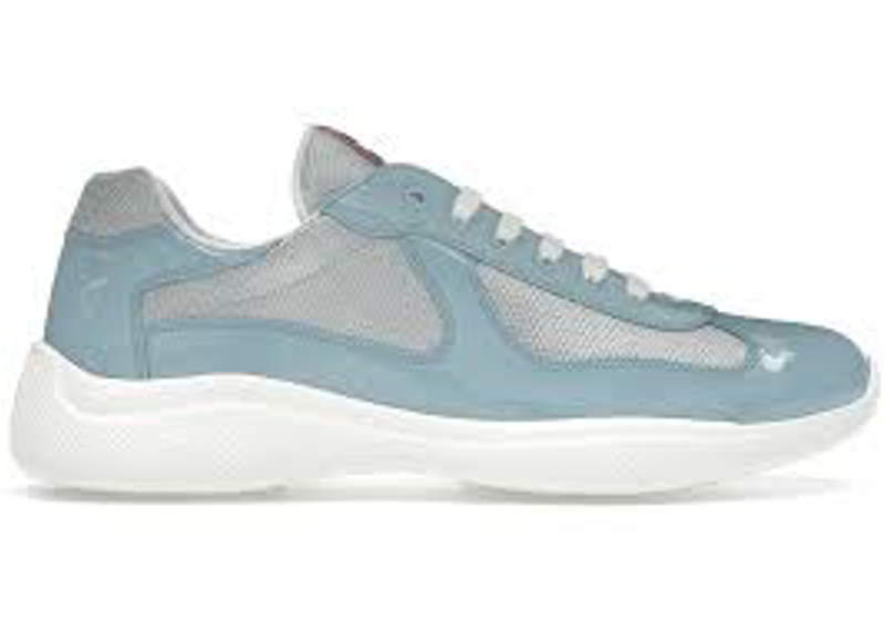 Prada Americas Cup sneakers featuring a light blue patent leather upper and silver mesh paneling