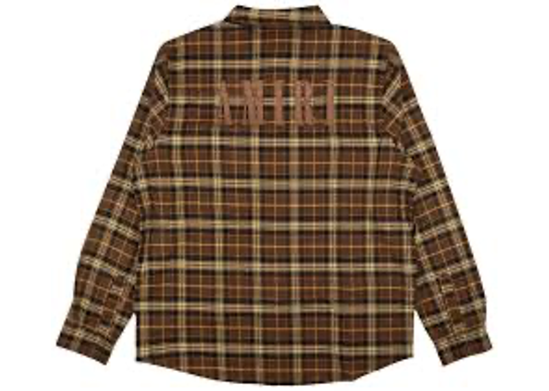 Amiri Leather Logo Flannel Button Down Shirt in brown, featuring a brown leather logo applique on the back.