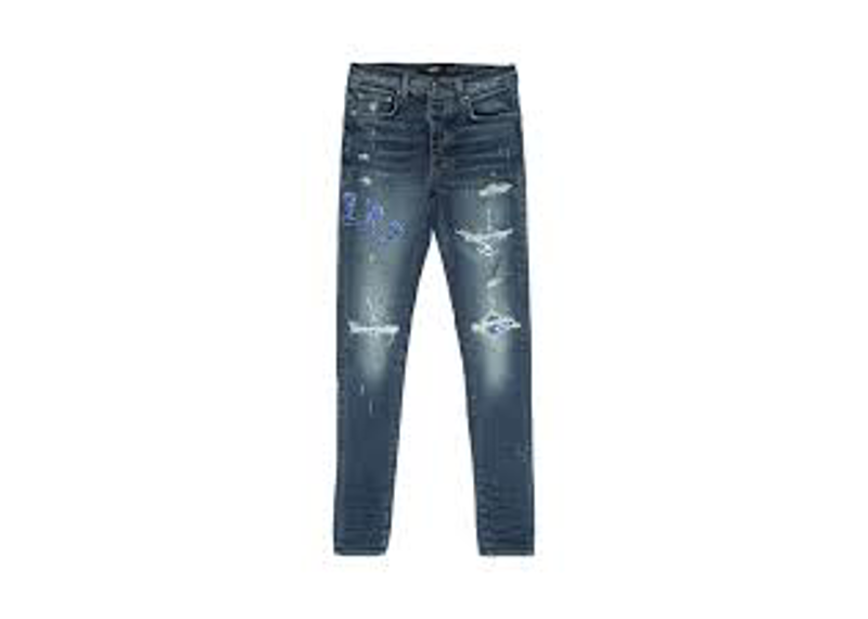 Amiri Mens Deep Classic Blue Skinny Old English Logo Jeans with Bandana Patches
