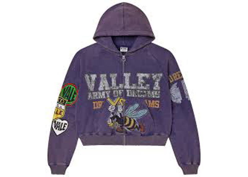 purple Vale Forever Army Zip Up Hoodie featuring a vintage-style bee graphic and distressed lettering.