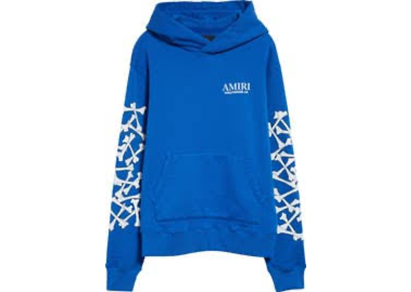 Amiri Bones Stacked hooded cotton sweatshirt in blue, featuring a white logo print on the chest.