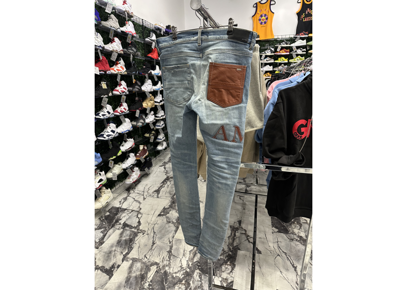 Amiri Leather Logo Jeans Blue