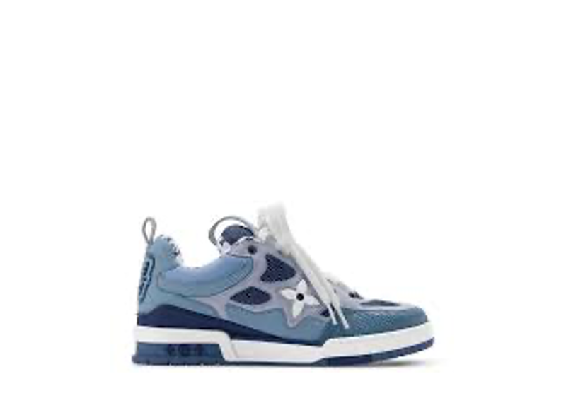 Louis Vuitton LV Skate Sneakers feature a blue and white suede calf leather upper and distinctive thick, white technical laces