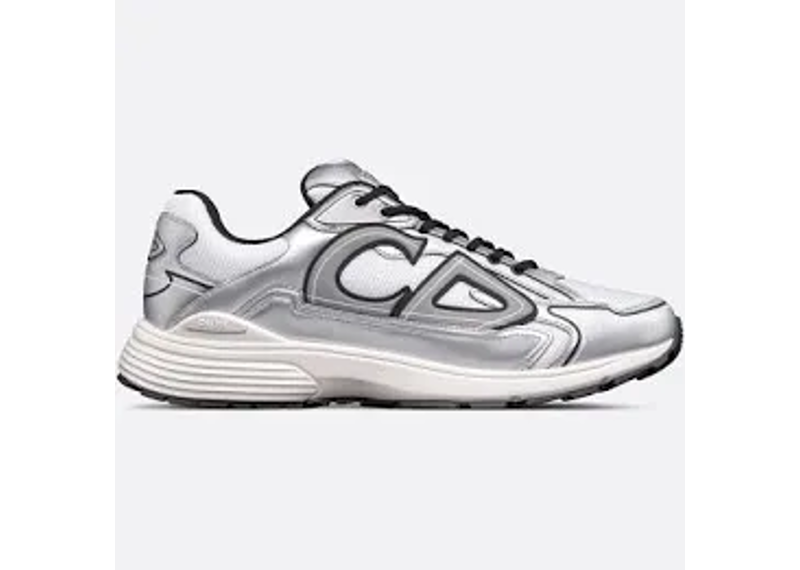 Dior B30 sneakers in a silver and white technical mesh colorway, featuring a prominent CD30 signature on the side.
