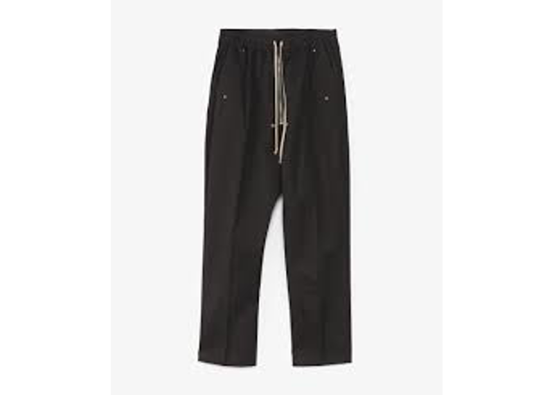 Rick Owens Bela pants, featuring a distinct long drawstring and an exposed zipper.