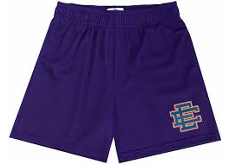 Eric Emanuel EE Basic Shorts in purple with an orange logo.