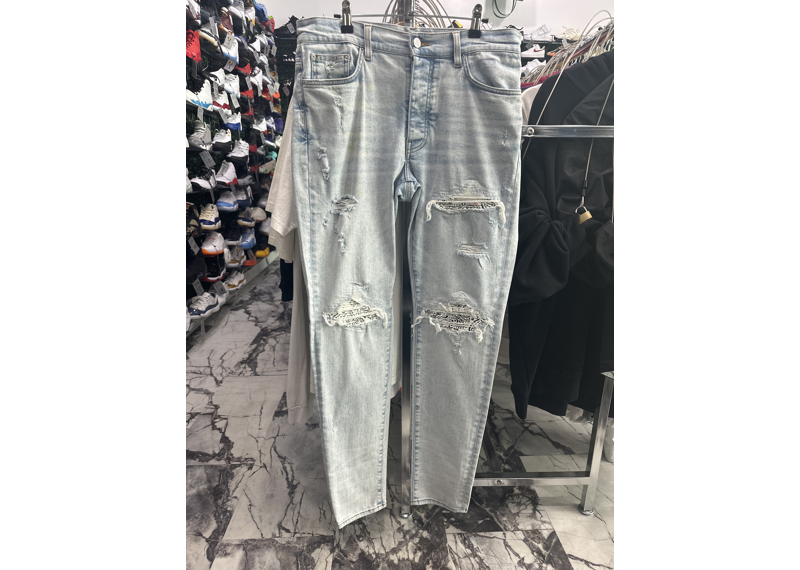 Amiri jeans blue zebra bandana patches