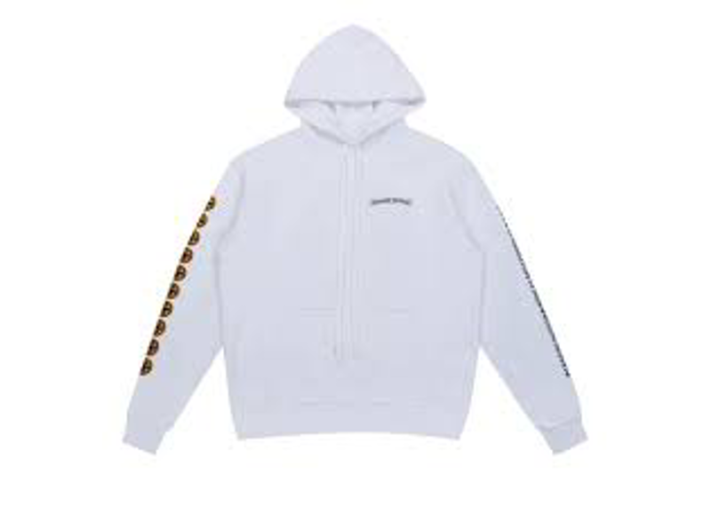 white Chrome Hearts hoodie featuring a yellow cross logo graphic.
