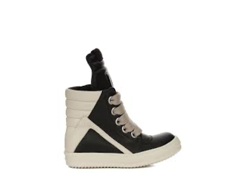 Rick Owens Jumbo Laced Geobasket sneakers featuring a prominent black leather upper and an oversized milk-white sole.