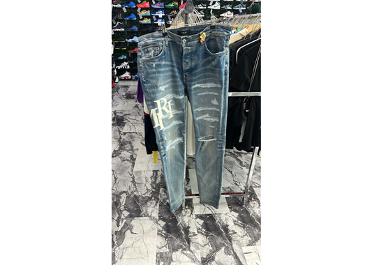 Amiri Jean White Staggered Logo Thrasher Jean Light Blue Size 38