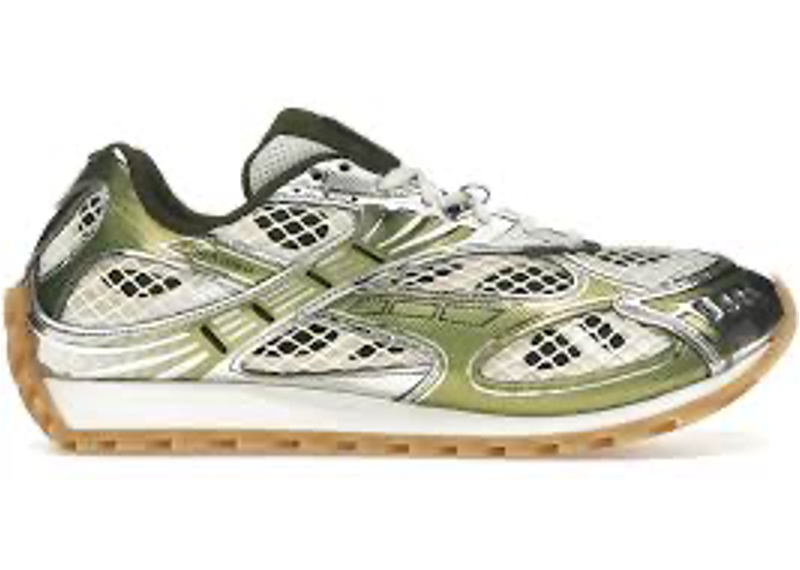 Bottega Veneta Orbit Sneakers in a metallic silver and green colorway