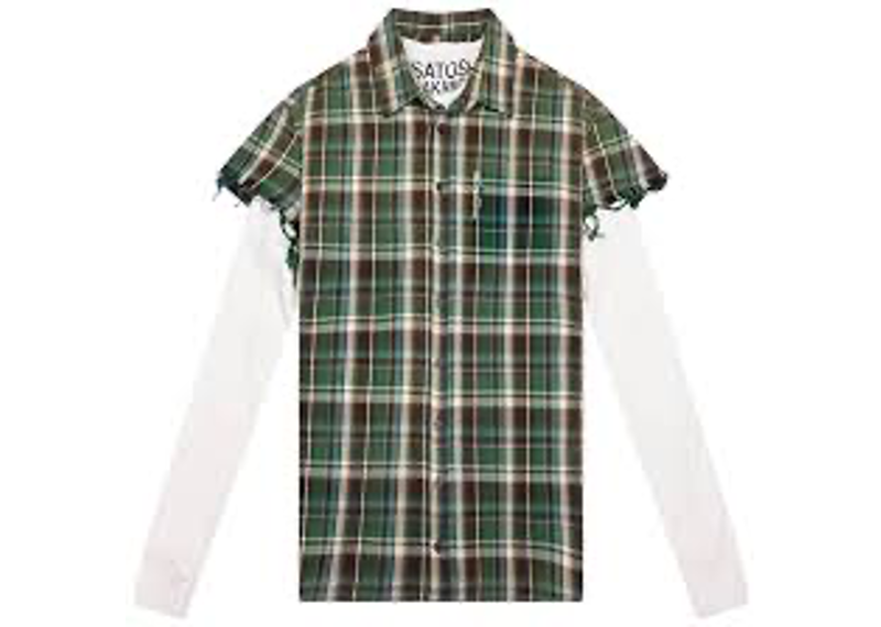 green plaid Satoshi Nakamoto Bender Cut Off flannel shirt features distressed, frayed short sleeves.