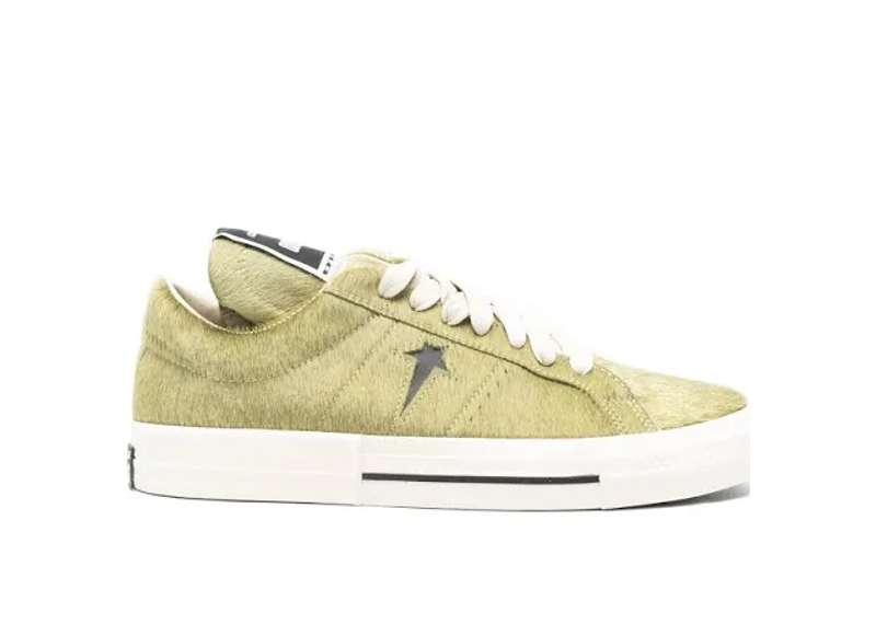 Rick Owens DRKSHDW x Converse One Star Pro sneakers featuring a green hair-on cowhide leather upper