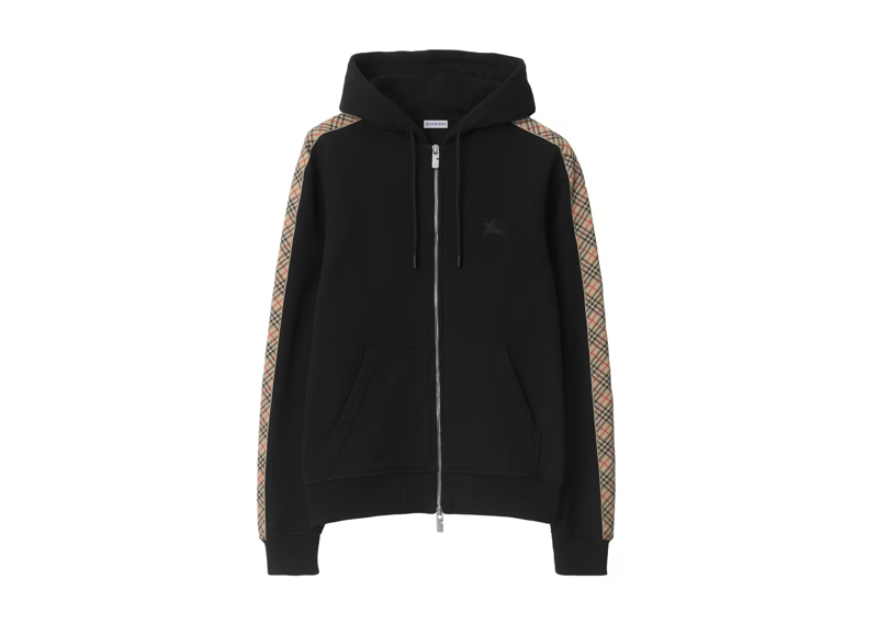 Burberry Scott Check Trim Cotton Hoodie Black