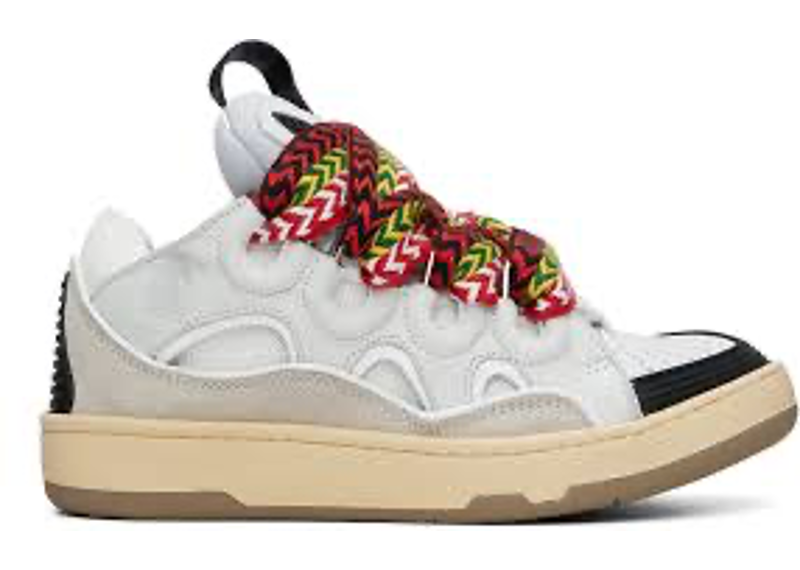 Lanvin Curb sneakers featuring a white leather upper and oversized multicolor herringbone laces