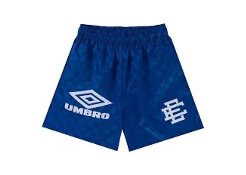 blue checkered Eric Emanuel x Umbro shorts feature white logo branding