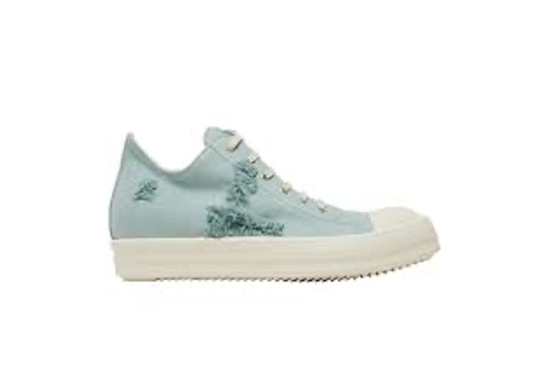 Rick Owens DRKSHDW Strobe Cotton Denim Slashed Low sneakers in the Aqua Milk colorway.