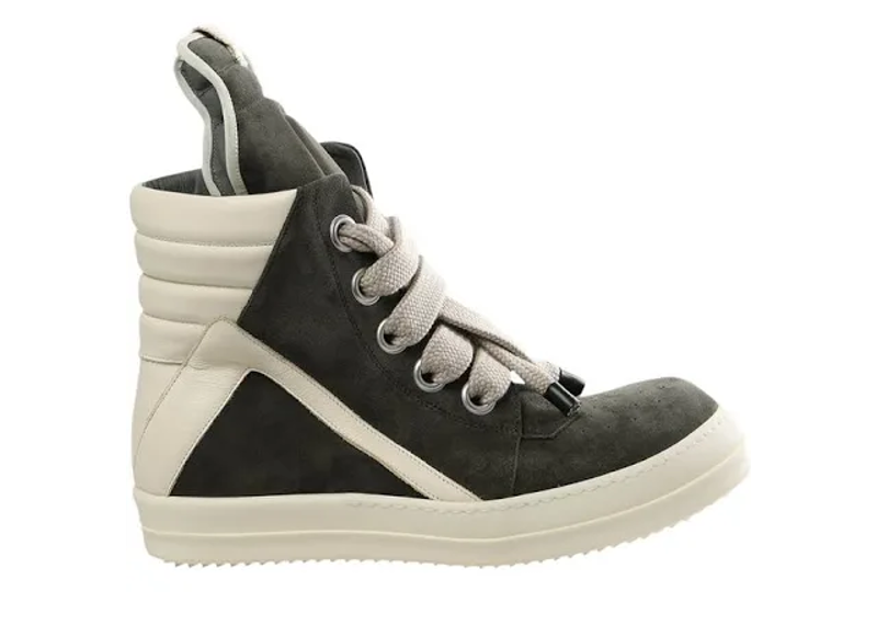 Rick Owens green and white leather Geobasket high-top sneakers.