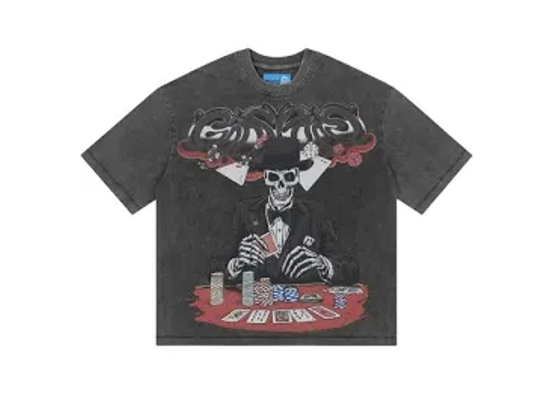 Godspeed High Stakes T-shirt in washed grey featuring a skeleton poker dealer graphic.