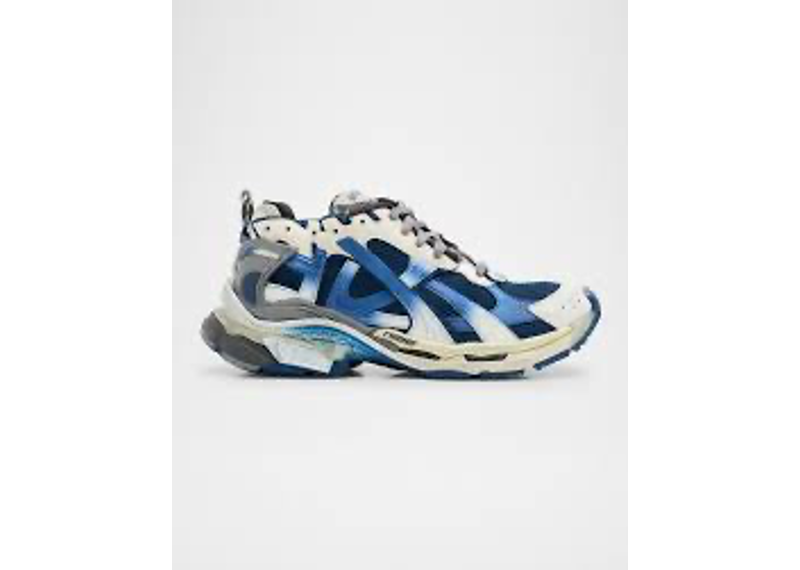 Balenciaga Runner sneakers, featuring a blue and white gradient mesh design with distressed accents