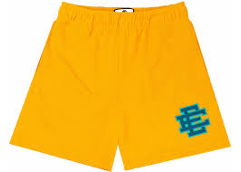 yellow Eric Emanuel EE Basic Shorts with a teal logo.