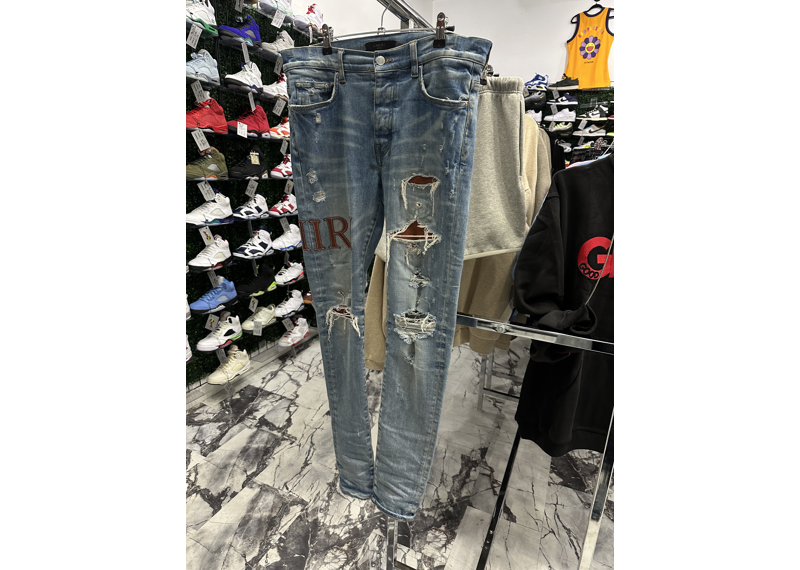 Amiri Leather Logo Jeans Blue