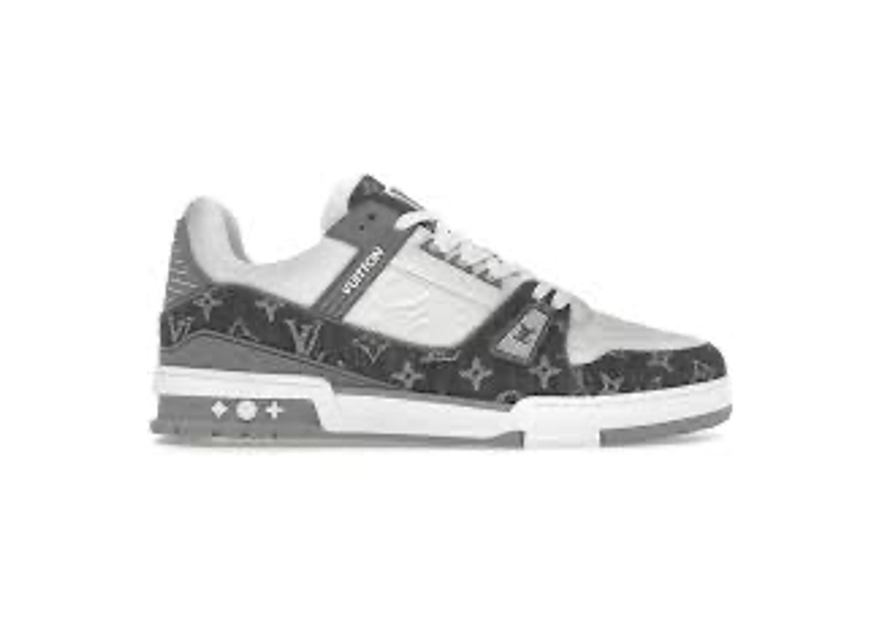 Louis Vuitton LV Trainer sneakers featuring a grey monogram denim and white calf leather upper.