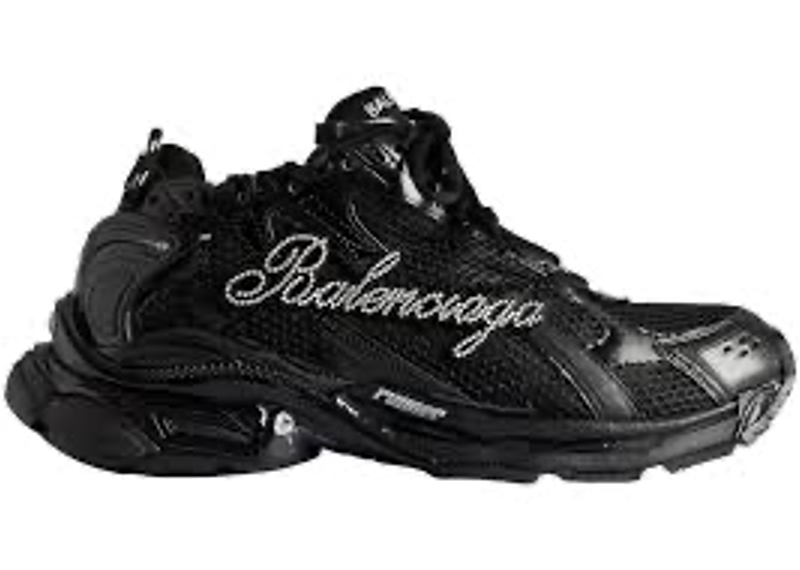 Balenciaga Runner sneaker in black featuring rhinestone detailing along the side logo