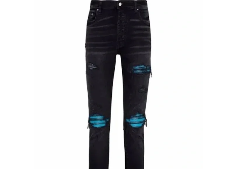 AMIRI MX1 CRACKED PAINT SKINNY JEAN AGED BLACK AND BLUE