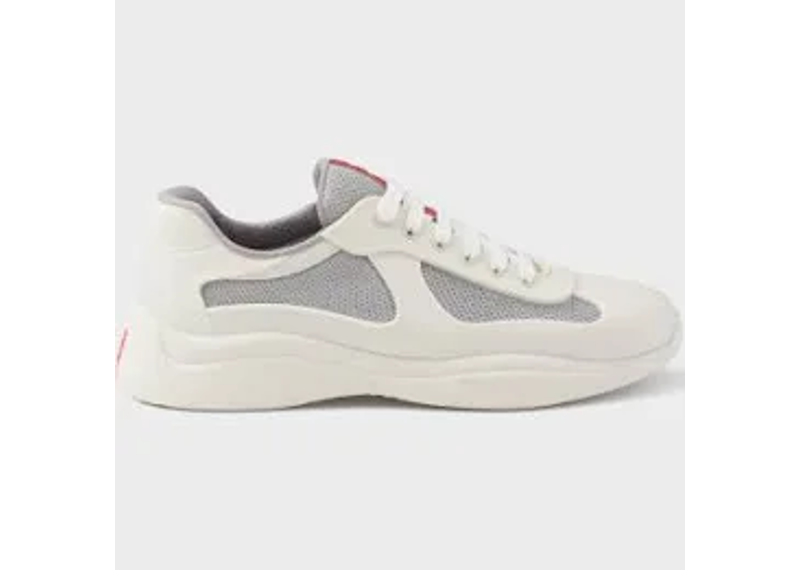 Prada Americas Cup sneakers feature a white soft rubber and gray bike fabric design