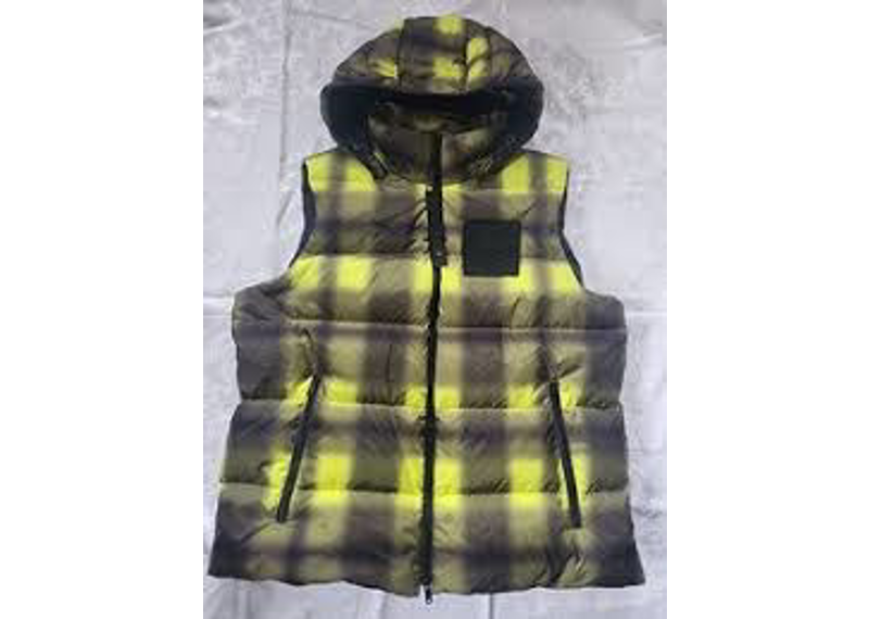 Moose Knuckles Power Puff Down Vest in a neon green and black plaid pattern