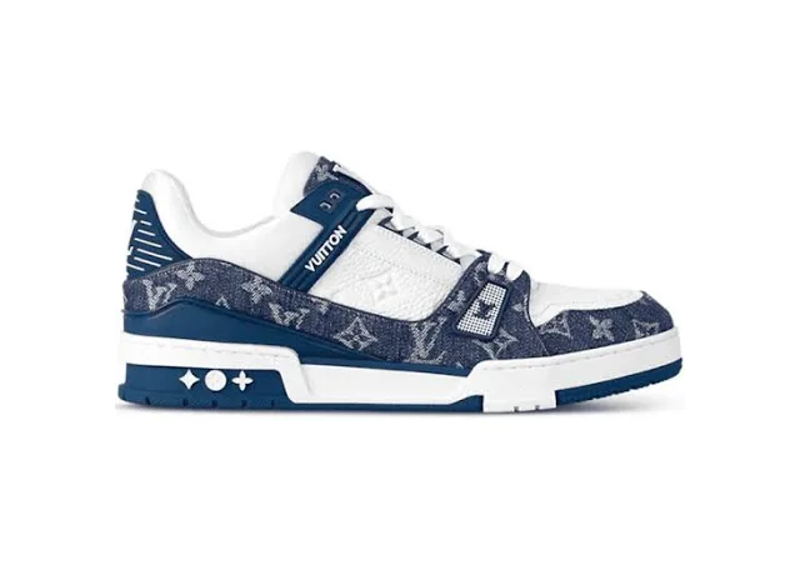 Louis Vuitton LV Trainer features a blue monogram denim upper with contrasting white calf leather details.
