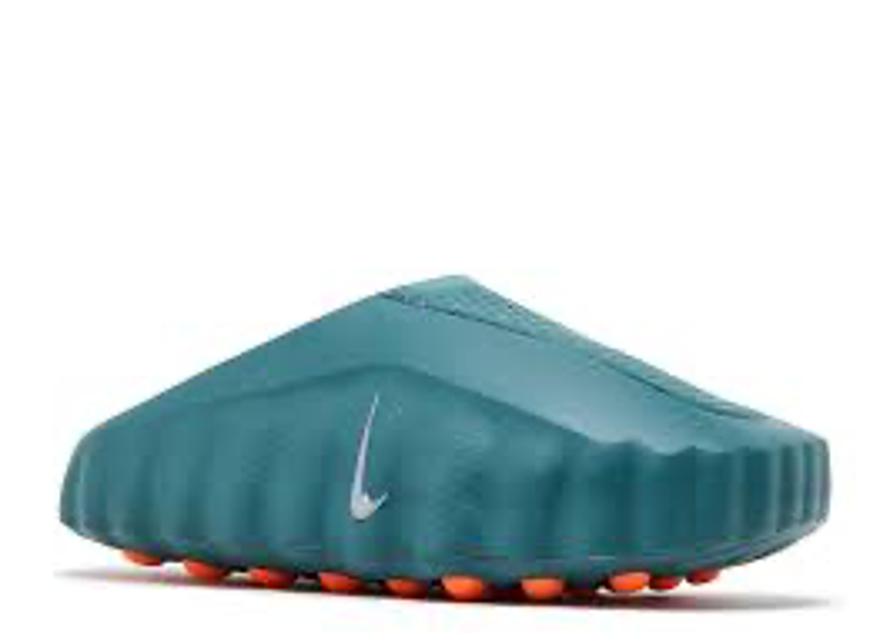 Nike Mind 001 Mineral Slate slides, featuring a dark green foam body with vibrant orange nodes on the outsole