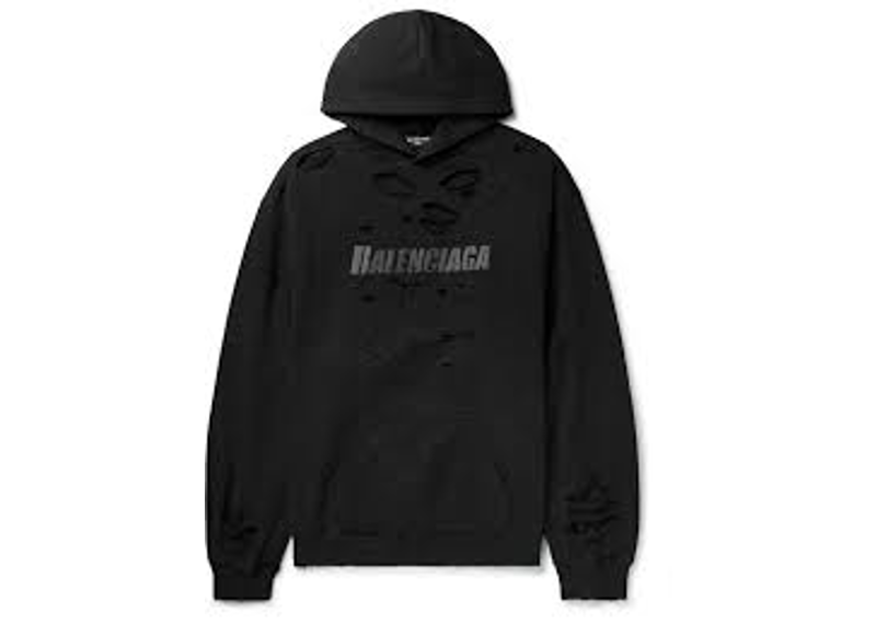 Balenciaga Black Distressed Hoodie with a prominent printed logo