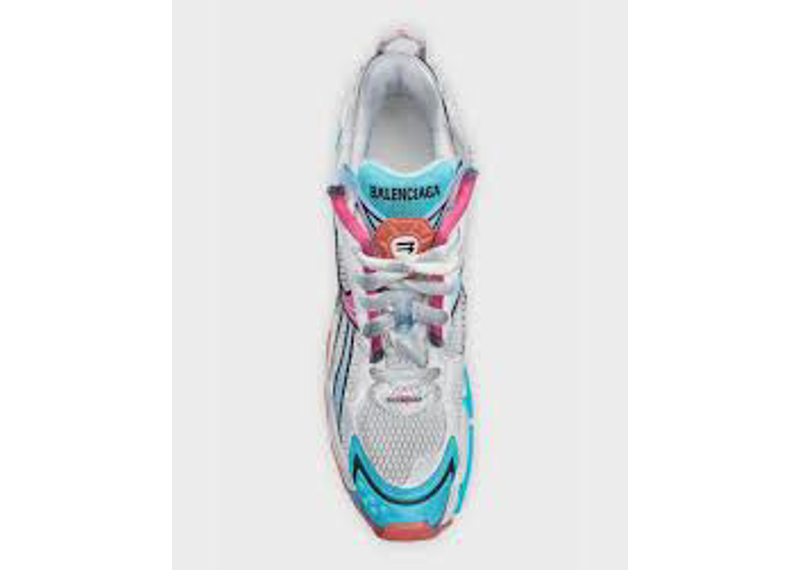 Balenciaga Runner sneakers, featuring a multi-color design with white mesh and vibrant blue and orange accents