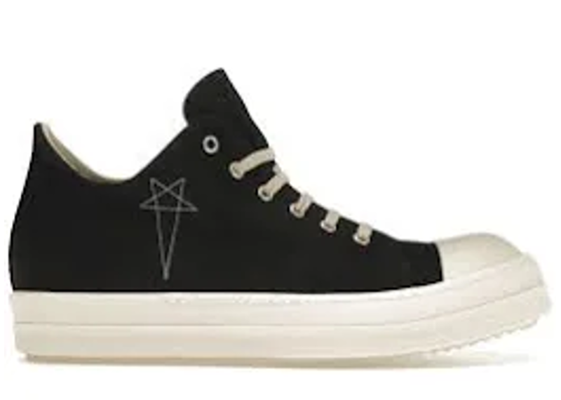 Rick Owens Jumbo Laced Geobasket sneakers featuring a prominent black leather upper and an oversized milk-white sole.