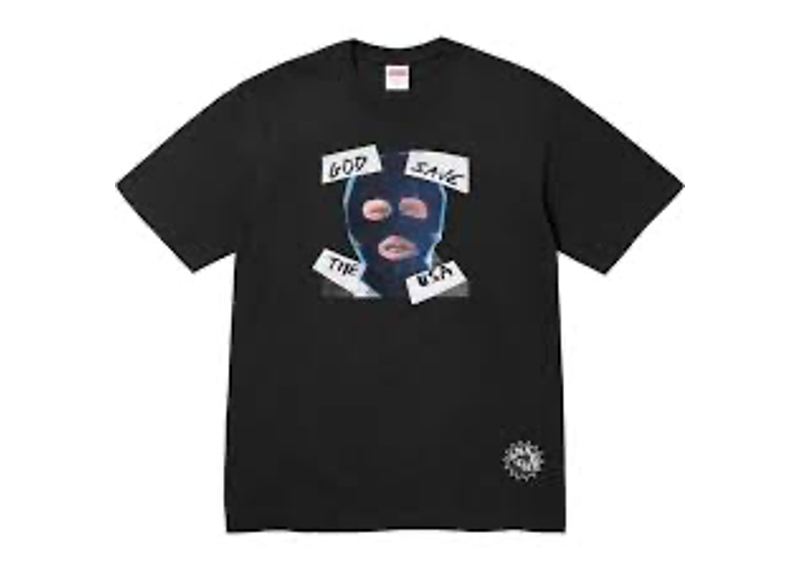 Supreme God Save Us Tee in black features a graphic of a masked figure and text.