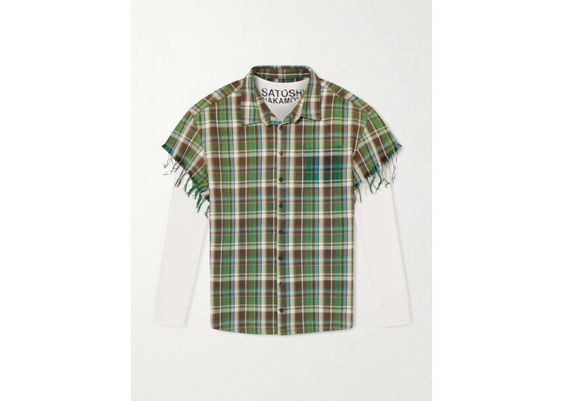 Satoshi Nakamoto Layered Frayed Checked Cotton-flannel And Waffle-knit Shirt