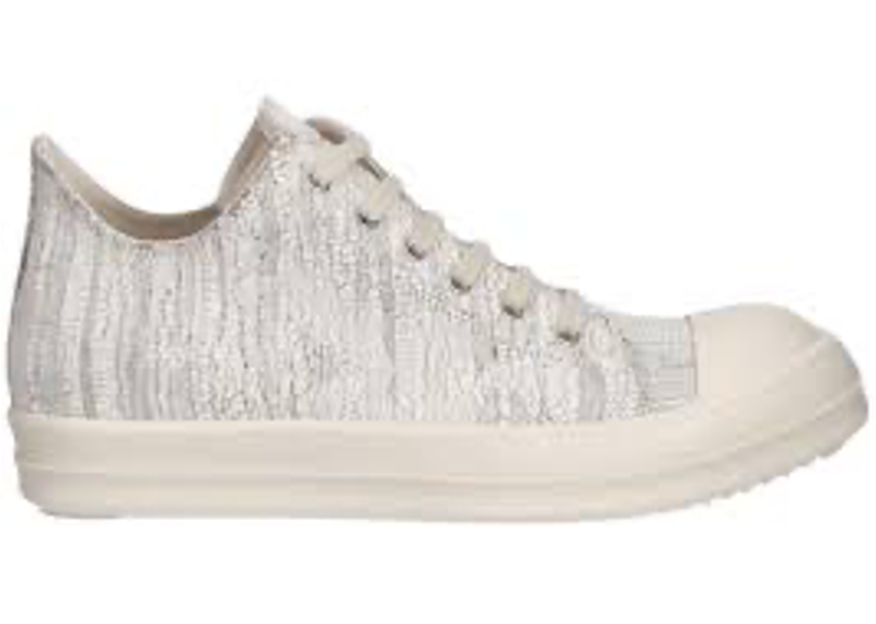 Rick Owens DRKSHDW Hollywood Denim sneakers featuring a distinctive cracked Milk