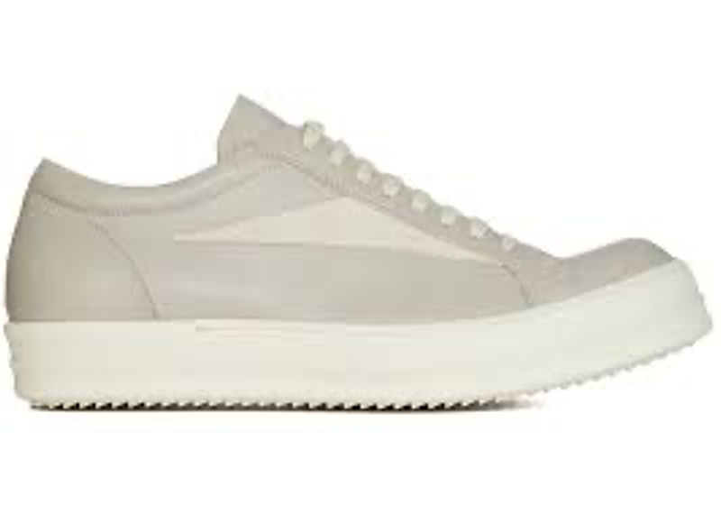Rick Owens Vintage low-top sneakers in a pearl and milk white colorway, featuring a unique triangular leather applique on the side