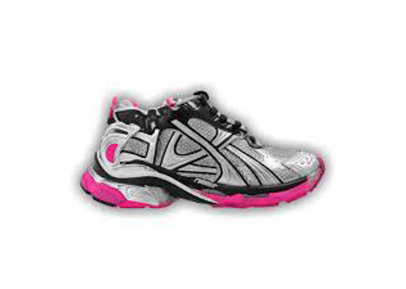 Balenciaga Runner Sneaker in this silver and pink colorway features a distinctive worn-out effect with metallic panels and a bold pink rubber sole.