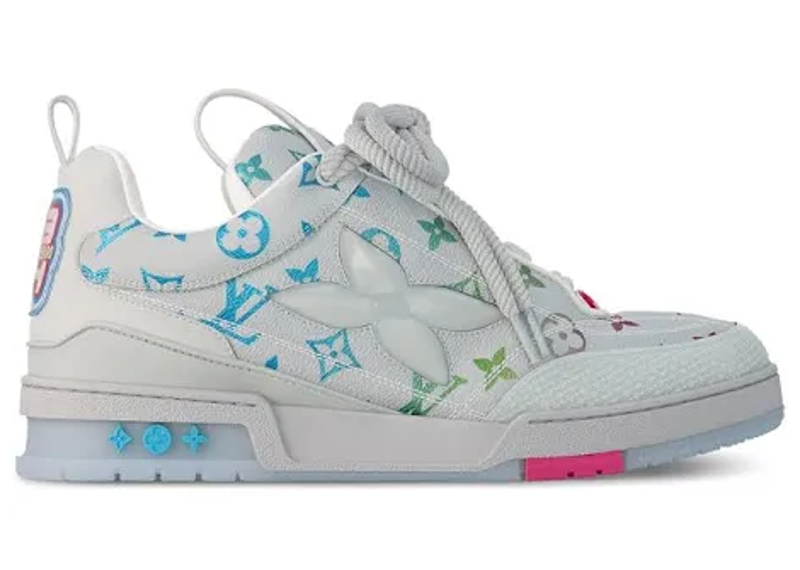 Louis Vuitton LV Skate sneakers in a gray monogram colorway featuring multicolor details